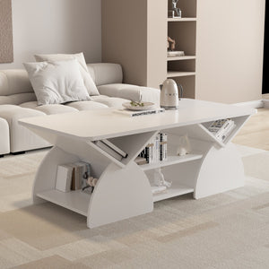 English Elm Engineered rounded corner rectangular coffee table with 6 cubbies, spacious tabletop, durable melamine finish White W2899P372759