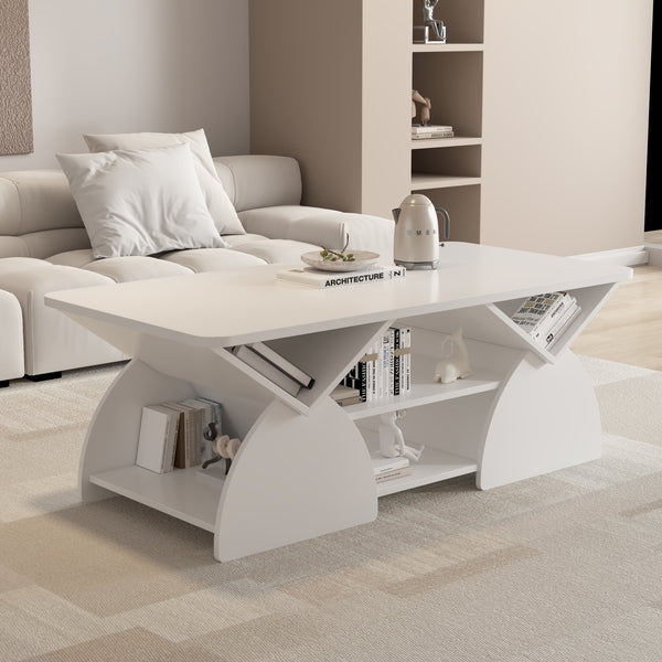 English Elm Engineered rounded corner rectangular coffee table with 6 cubbies, spacious tabletop, durable melamine finish White W2899P372759