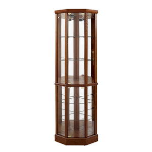 English Elm 6 Shelf Lighted Corner Curio Cabinet with Adjustable Tempered Glass Shelves, Acrylic Mirror Back, Solid Wood Frame Walnut W1693P170906