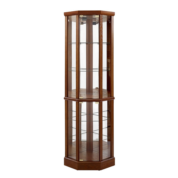 English Elm 6 Shelf Lighted Corner Curio Cabinet with Adjustable Tempered Glass Shelves, Acrylic Mirror Back, Solid Wood Frame Walnut W1693P170906