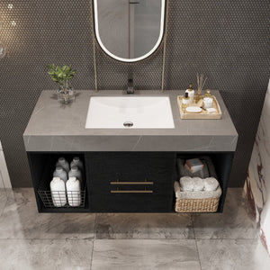English Elm 39.4 Inch Floating Bathroom Vanity Sintered Stone Top Solid Wood 2 Soft Close Drawers W3136S00037
