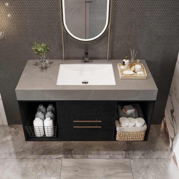English Elm 39.4 Inch Floating Bathroom Vanity Sintered Stone Top Solid Wood 2 Soft Close Drawers W3136S00037