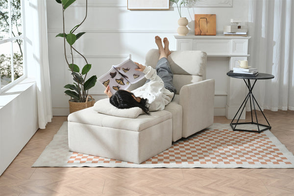 English Elm Oversized Storage Ottoman Accent Chair with Deep Wide Seat, Mid-Century Upholstered Lounge Sofa for Cozy Reading and Relaxation Beige+Grey W1028S00044