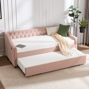 English Elm Twin Velvet Daybed with Pull Out Trundle Tufted Back Usb Port and Side Pockets Pink W1361S00037