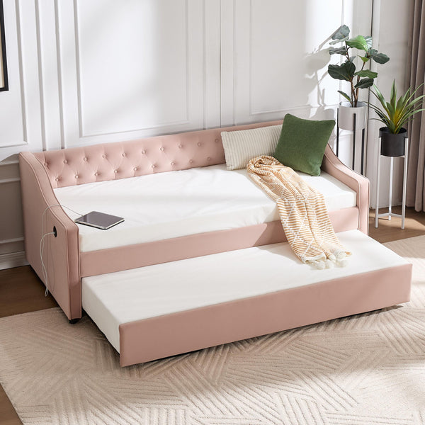 English Elm Twin Velvet Daybed with Pull Out Trundle Tufted Back Usb Port and Side Pockets Pink W1361S00037
