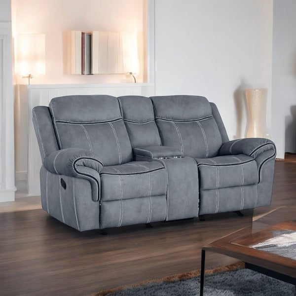 English Elm Zubaida Velvet Recliner Loveseat with USB & Storage Console, Tufted Pocket Coil Seats, Glide Motion Gray 77 L x 31 W x 26 H B2726P253085