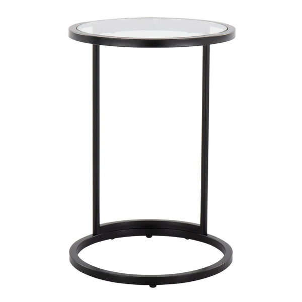 English Elm Round Zenn End Table In Black Metal & Clear Glass - Stylish C-Shaped Accent For Small Spaces B202P223395-GIGA