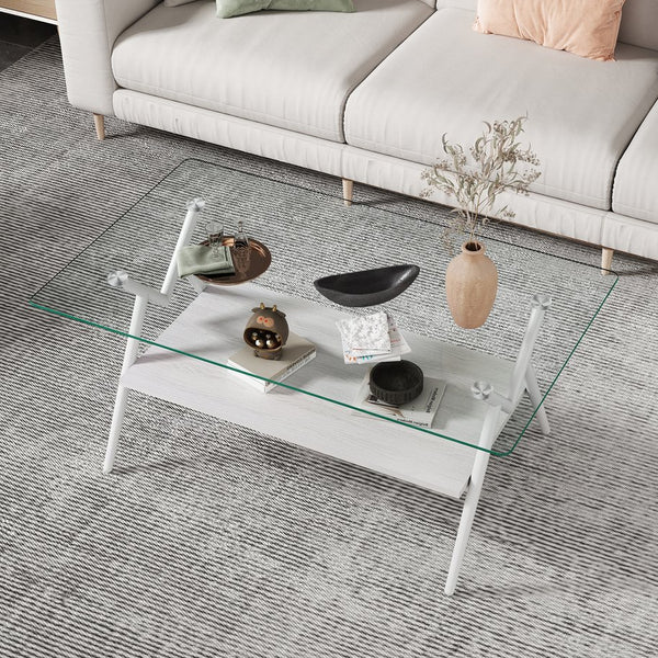 English Elm Coffee Table Set Of 3 With Tempered Glass & Mdf Storage, Modern Design For Living Room Elegance W241S00049