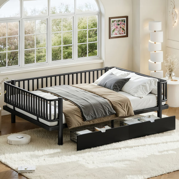 English Elm Queen Storage Platform Bed Low Profile Metal Frame with Built-in Drawers for Small Spaces Black W5305P471352