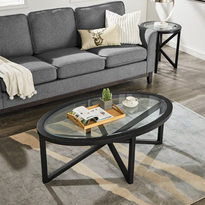 English Elm Modern Round Glass Coffee Table With Solid Wood Base – Sleek, Durable Design For Living Spaces W487P317845