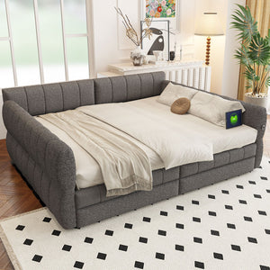 English Elm Queen Lambswool Platform Bed with Usb Charging Armrests and Under Storage Drawers Gray N7500000601E