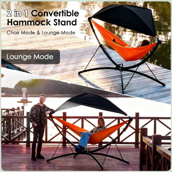 English Elm Portable Hammock with Quick Fold Stand Ripstop Nylon Sunshade 650 Lb Capacity Black W3457P379387