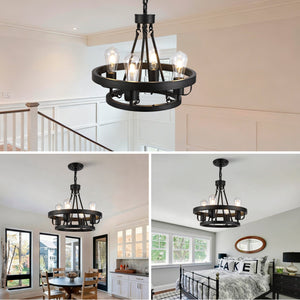English Elm Four-light Wagon Wheel Pendant Matte Black Metal Industrial Plug-in Dining Fixture W2991P407027
