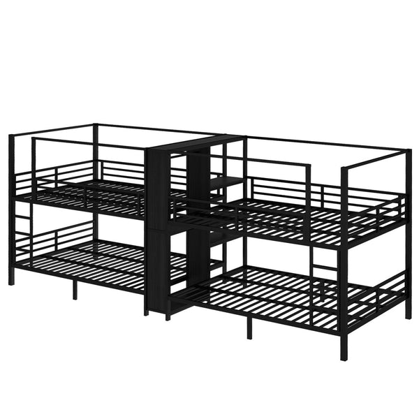 English Elm Queen Size Quadruple Metal Bunk Bed With Storage, Noise-Reducing Design & Sturdy Black Frame W1580S00156-GIGA
