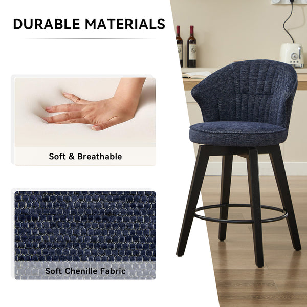 English Elm 008-Wing Upholstered Swivel Counter Stools Set of 2 with Solid Wood Legs, Chenille Comfort & 250lb Capacity Blue W2636P239837