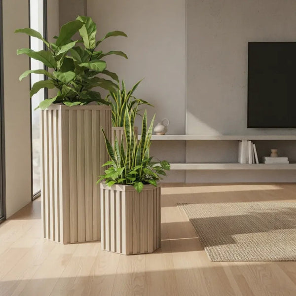 English Elm Hexagon Column Aluminum Planter Geometric Outdoor Pot with Wood Tone Powder Coat Finish Ash Brown B2755P462183