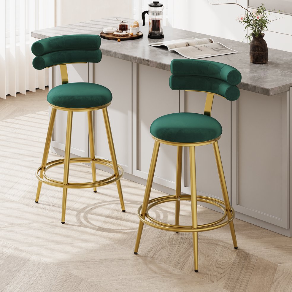 English Elm Christopher Knight Home® - 27.65'' 27.65" Modern Counter Stools Set of 2 with Luxurious Velvet Upholstery, Ergonomic Curved Back, Iron Frame & Footrest Dark Green N780P194940E