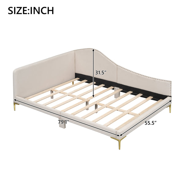 English Elm Full Full Size Upholstered Daybed with Headboard and Armrest, Linen-Blend Fabric, Solid Pine Frame, Guardrails for Guests and Lounging Beige WF318303AAM