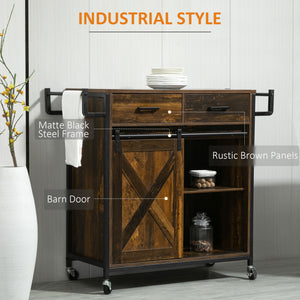 English Elm HOMCOM Rustic Brown Industrial Kitchen Cart with Rolling Wheels, Adjustable Shelf, Drawers & Barn Door Storage W2225P217417