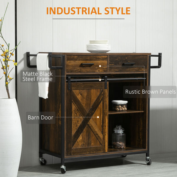 English Elm HOMCOM Rustic Brown Industrial Kitchen Cart with Rolling Wheels, Adjustable Shelf, Drawers & Barn Door Storage W2225P217417