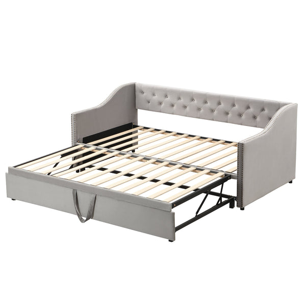 English Elm Twin Upholstered Daybed with Pop-Up Trundle, Space-Saving Guest Bed with Slats, Hydraulic Wheels, 81.9" L Gray SF000133AAE