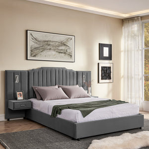 English Elm Queen Velvet Platform Bed with Tufted Headboard Integrated Nightstands and Striped Design Gray W487S00443