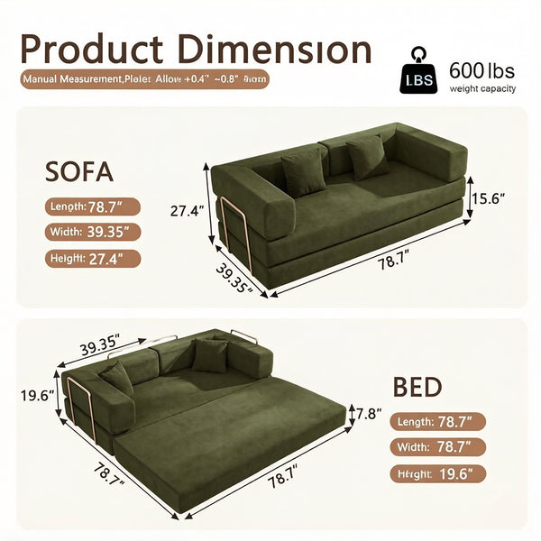 English Elm Convertible Corduroy Floor Sofa with Folding Sleeper and Bolster Pillow for Apartments Green W5638P460475