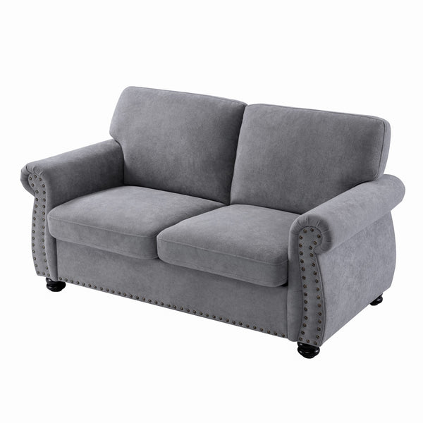 English Elm Soft Velvet Upholstered Loveseat with Turned Wood Legs Nailhead Trim Mid-century Style Grey B2735P292311