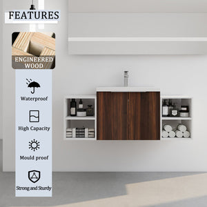 English Elm 48 Inch Wall Mounted Bathroom Vanity with Resin Sink, Soft-Close Doors, Metal Handles, Storage—Durable Eco Plywood California Walnut W999S00185