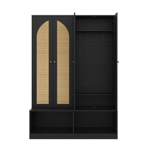 English Elm Rattan Door Hall Tree Bench with 6 Hooks Farmhouse Entryway Storage N721S000074B