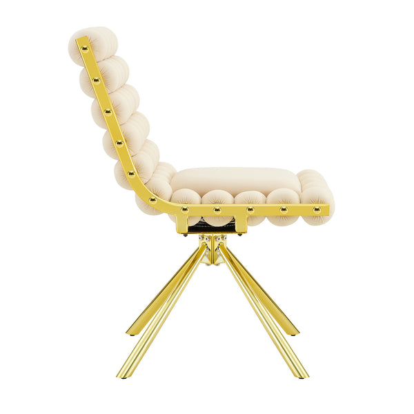 English Elm Cream Dutch Velvet Swivel Chair Tufted Bubble Backrest Glam Armless Accent Seat Beige,Gold W3875P448019