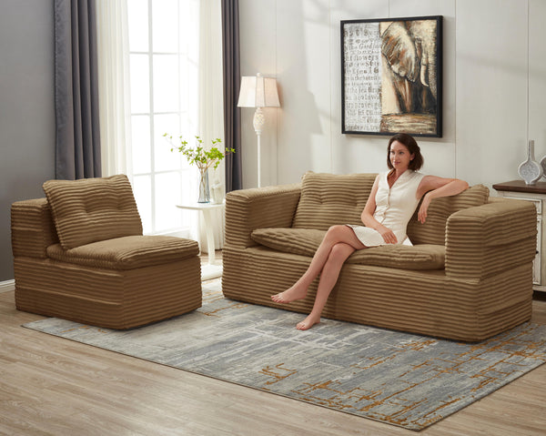 English Elm Multi Functional Sectional Sofa Bed Plush Corduroy Convertible 80" King Sleeper with Chaise, Deep Fluff Camel W3219P339468