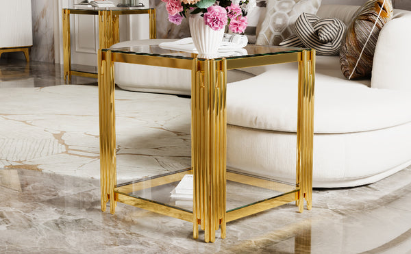 English Elm Modern Round Mirrored Glass End Table with Gold Metal Frame and Lower Display Shelf Transparent N735P380093K