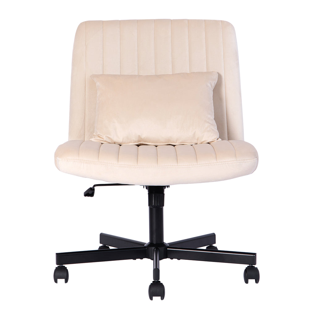 English Elm Beige Velvet Criss Cross Office Chair Model 875 - Plush Ergonomic Swivel Seat with Wheels & Pillow W3394P329163