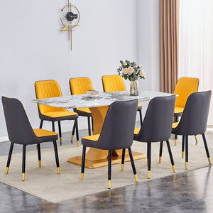 English Elm Table Set: Luxurious 71" Pandora Patterned Glass Dining Table With Golden Legs & 8 Chic Pu Chairs W1151S03245-GIGA