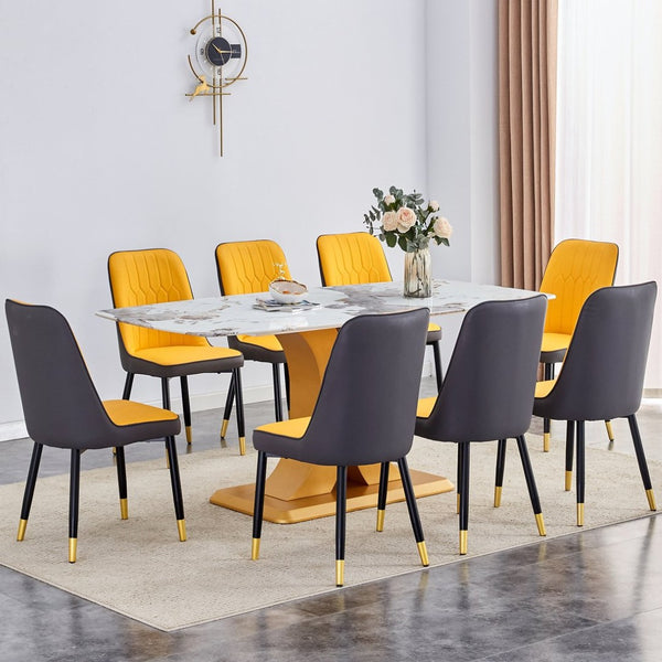 English Elm Table Set: Luxurious 71" Pandora Patterned Glass Dining Table With Golden Legs & 8 Chic Pu Chairs W1151S03245-GIGA