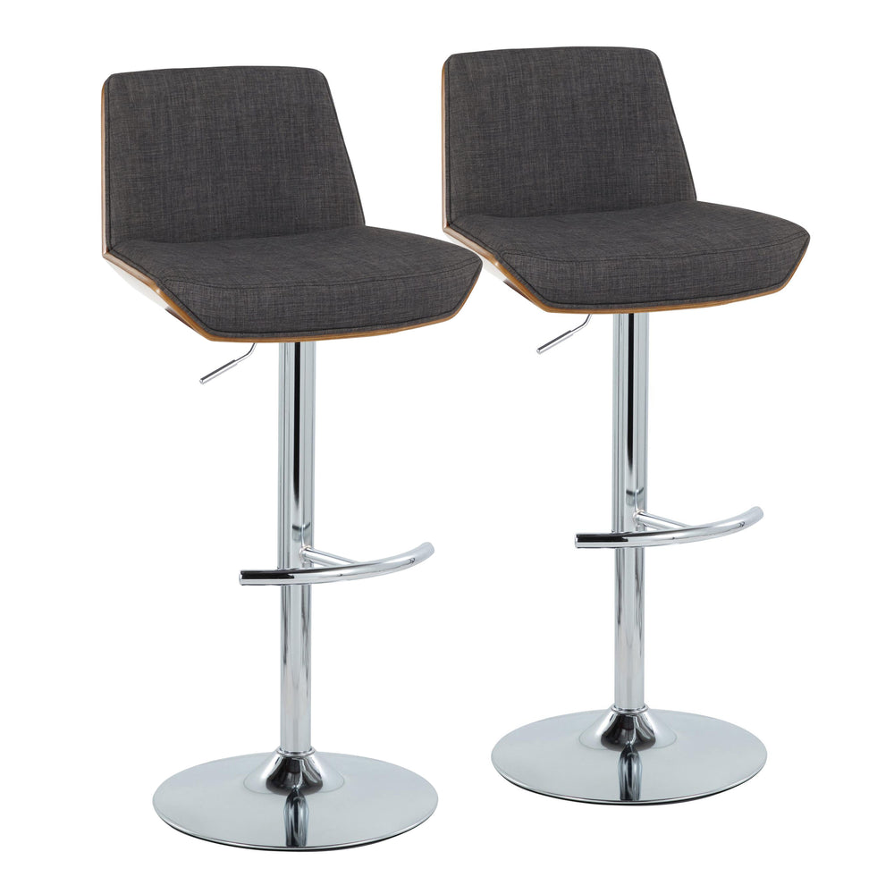 English Elm Adjustable Swivel Barstools Mid Century Walnut Chrome Charcoal Fabric Set of 2 B202S02173