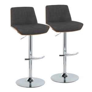 English Elm Adjustable Swivel Barstools Mid Century Walnut Chrome Charcoal Fabric Set of 2 B202S02173