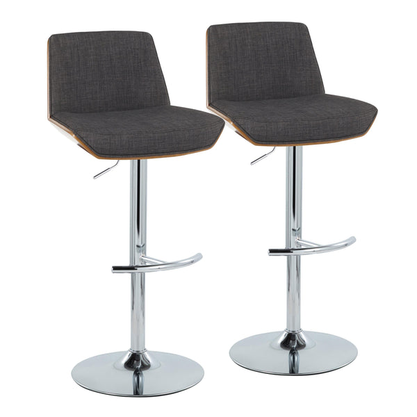 English Elm Adjustable Swivel Barstools Mid Century Walnut Chrome Charcoal Fabric Set of 2 B202S02173