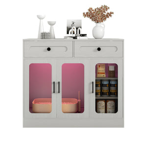 English Elm Cat Litter Box Cabinet with Glass Doors Led Light Drawers and Wood Grain Finish Gray N704P395520E