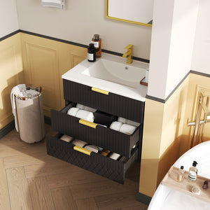 English Elm 24inch Bathroom Vanity with Ceramic Basin Sink, Wall-Mounted Double Drawer Cabinet for Small Baths Black N710P324097B