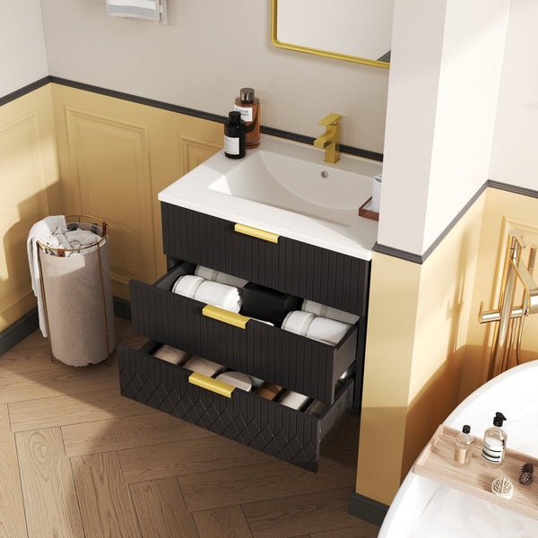 English Elm 24inch Bathroom Vanity with Ceramic Basin Sink, Wall-Mounted Double Drawer Cabinet for Small Baths Black N710P324097B
