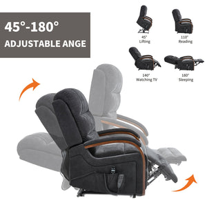 English Elm Power Lift Recliner Chair Chenille Upholstery Dual Motor Heat Massage Solid Wood Arms Black W1803S00076