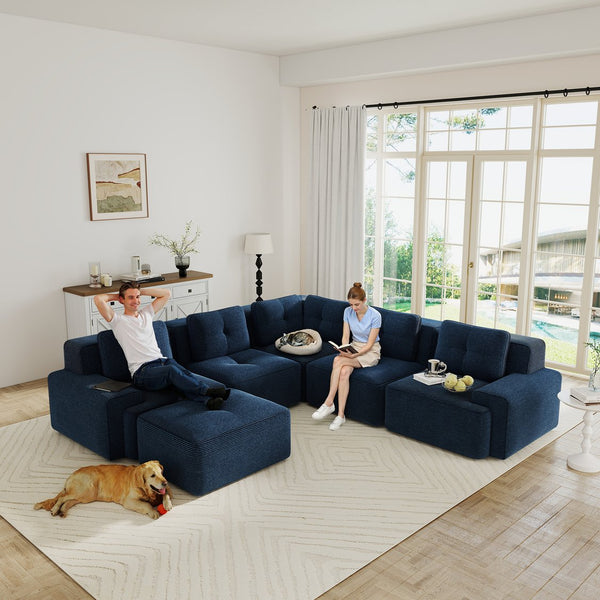 English Elm Modern Corduroy Sectional Sofa Deep Seat V Shape Tufted Couch with Movable Ottoman Blue W714S01579