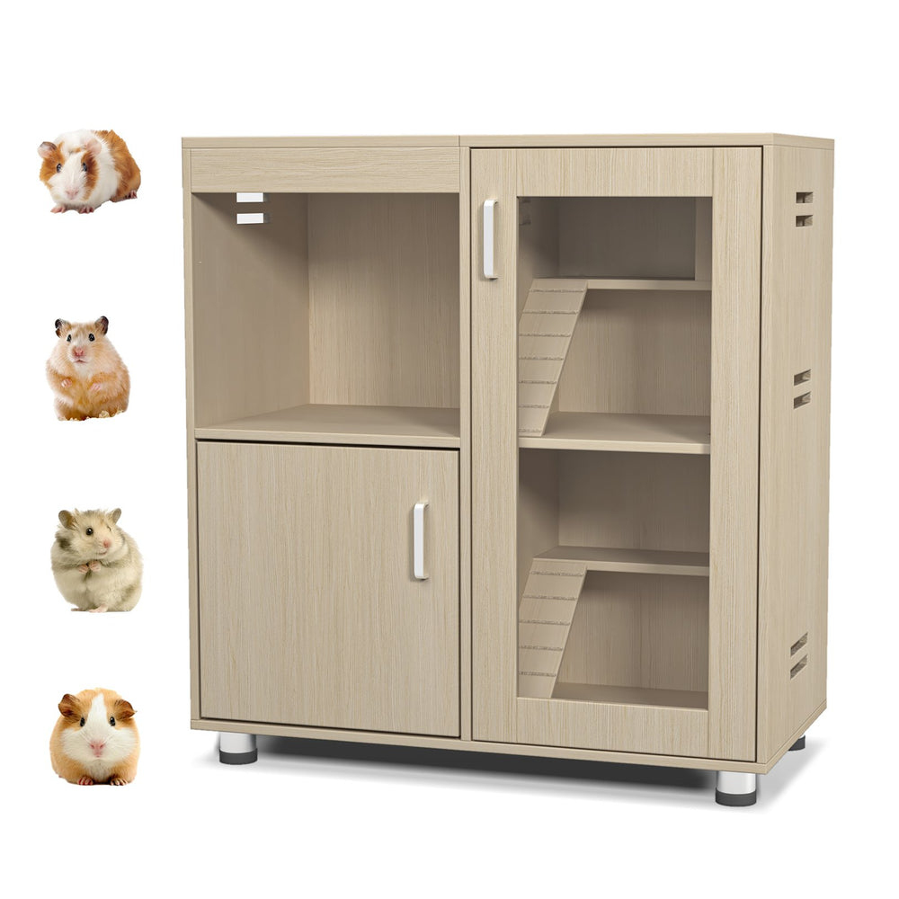 English Elm Guinea Pig Solid Wood Habitat with Acrylic View Panel and Built in Storage Cabinet Teak W1850P168642