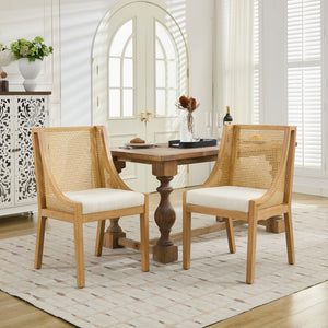 English Elm Rattan Solid Wood Dining Chair with Linen Seat and Decorative Armrests, Rustic Natural Finish Beige W1143P335052