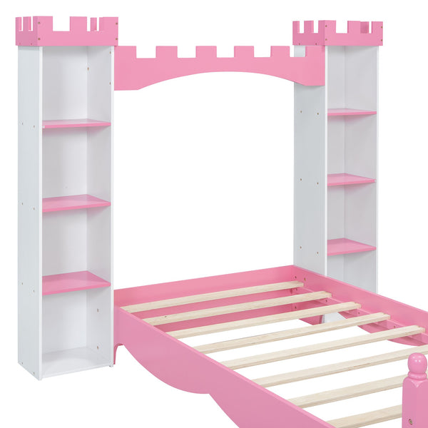 English Elm Castle-Shaped Twin Bed with Crown Footboard and Built-In Shelves, Sturdy MDF/Pine Frame for Kids White+Pink 82 L x 14.25 W x 6.75 H N733S177379K