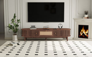English Elm Modern TV Stand for 75" TVs with Rattan-Front Drawer, Solid Wood Legs, Sliding Doors & Spacious Storage N710P257609P