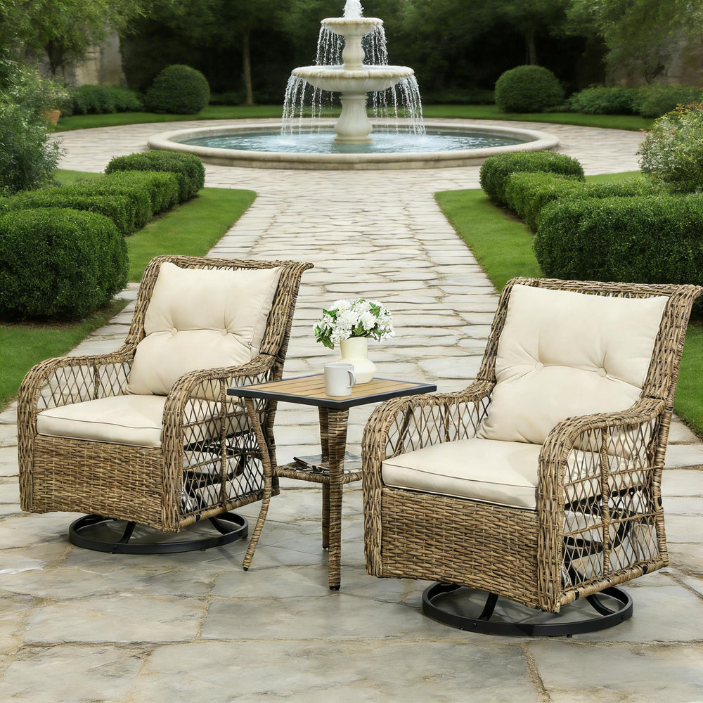 English Elm Wicker Pe Rattan 3 Piece Outdoor Bistro Set with Swivel Glider Chairs for Balcony T3971P446017