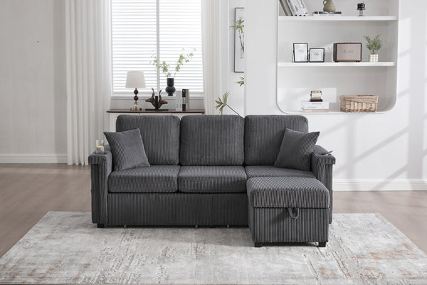 English Elm UNITED Corduroy L-Shaped Sectional Sofa with Storage Ottoman, USB Ports, Cup Holders & LED Lighting Dark Gray W1568P332407